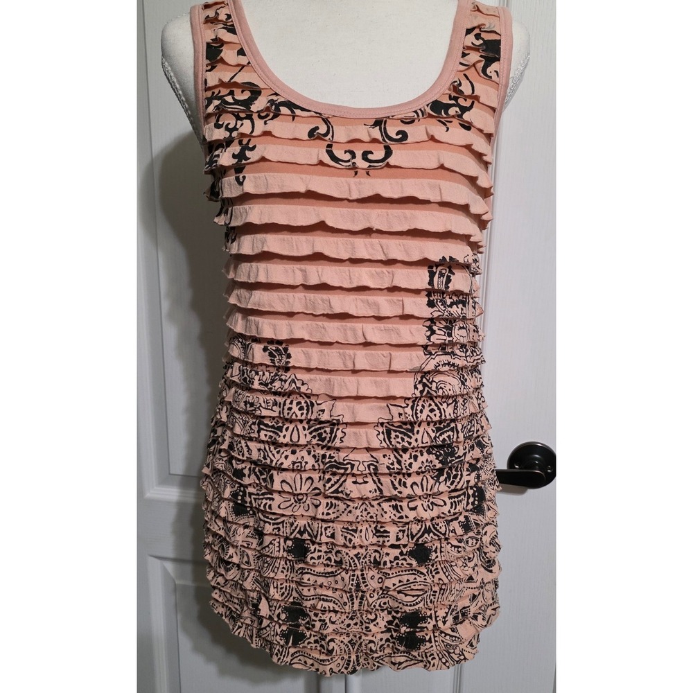 DownEast Tank Women Medium Peach Black Ruffle Front Paisley Boho Art to Wear